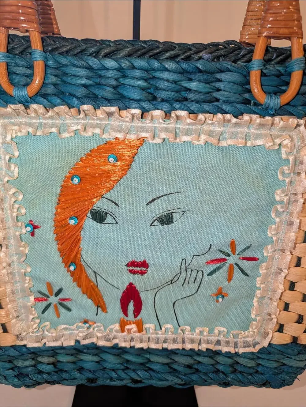 Vintage Unique Handwoven Straw Tote  with Embroidered Art Panel Bamboo Handles